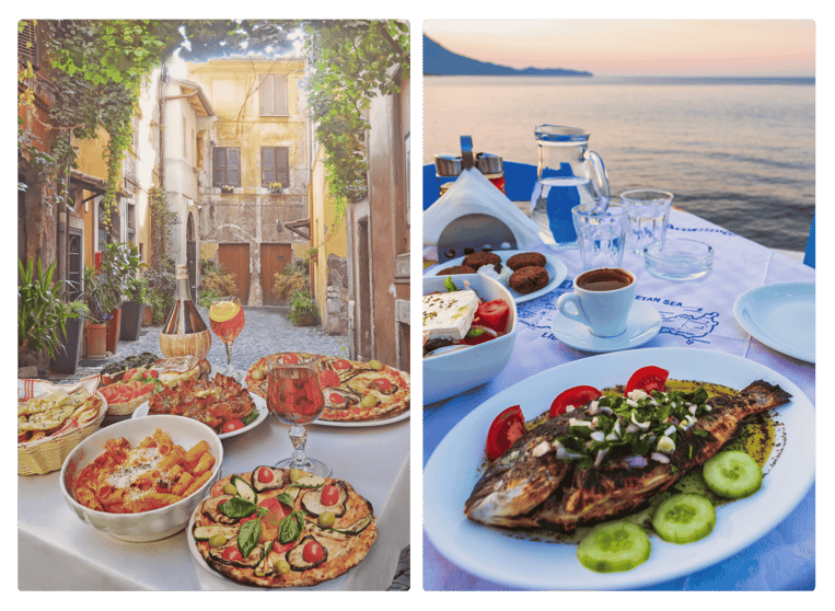 An image of a classic Italian dinner in Rome next to a beachside dinner in Mykonos Greece