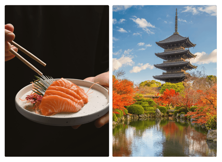 An image of sushi in Japan next to a temple in Tokyo