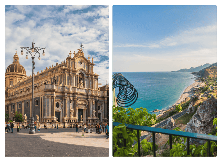 An image of a Cathedral in Sicily next to a Beach in Sicily