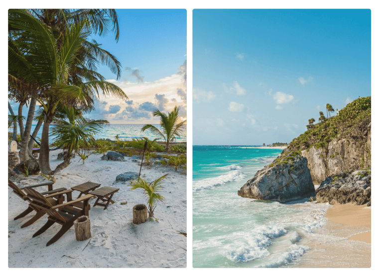 Two photos of beautiful beaches in Tulum Mexico with clear blue skies