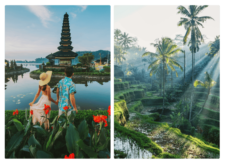 A couple admiring a temple in Bali next to a view of Bali