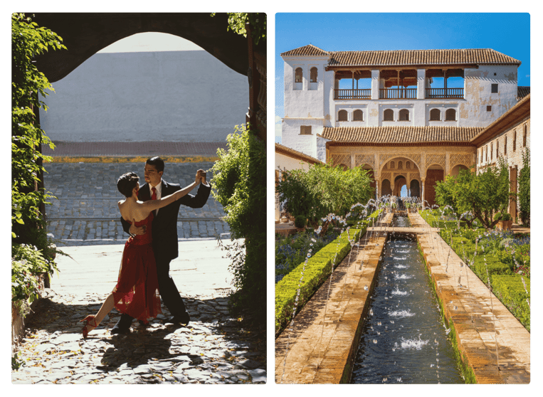 Views of Alhambra in Granada Spain next to a couple dancing salsa