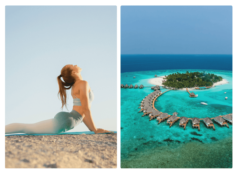 A woman doing yoga on the beach next to villas in the Maldives
