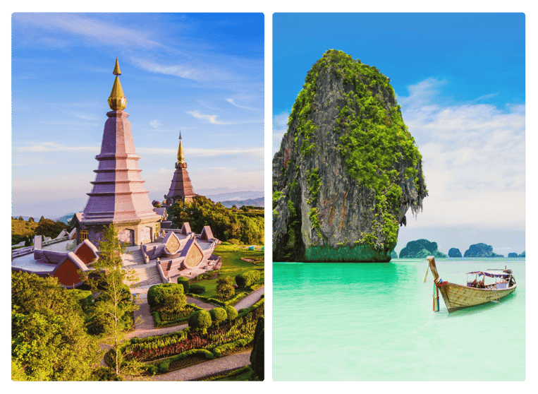 A temple in Thailand next to a boat off the coast of Phuket Thailand