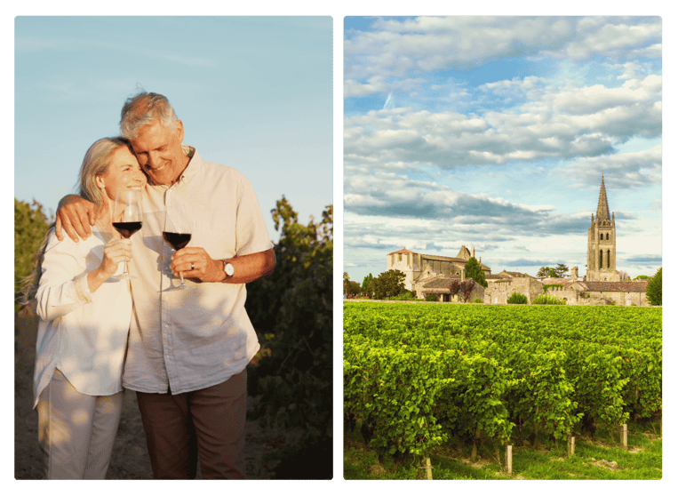 A couple enjoying a vineyard in Bordeaux France next to the famous Bordeaux cathedral