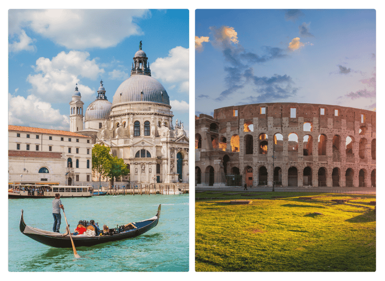 Gondola in Venice Italy and Colosseum in Rome Italy